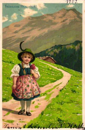 Pfingsten, Mädchen in Trachtenkleidung, Berge, sign. Mailick, 1905