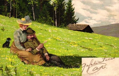 Mann, Frau, Wiese, Hund, Jäger (?), sign. Mailick, um 1905