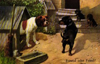 Hunde, Hundehütte, Dackel "Freund oder Feind?", um 1910/20
