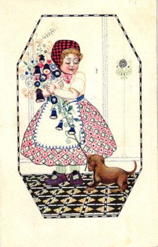 Mädchen mit Dackel, Künstlerkarte, 1918 in Wien versandt