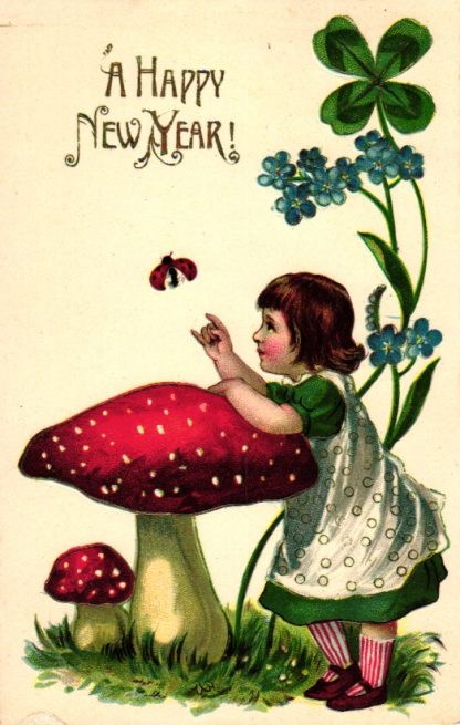 Neujahr, Mädchen mit Fliegenpilzen und Marienkäfer, Prägekarte, um 1910