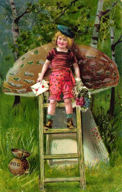 Neujahr, Kind mit großem Pilz, um 1910