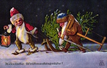 Weihnachten, Zwerge mit Weihnachtsbaum, sign. Maxim Trübe