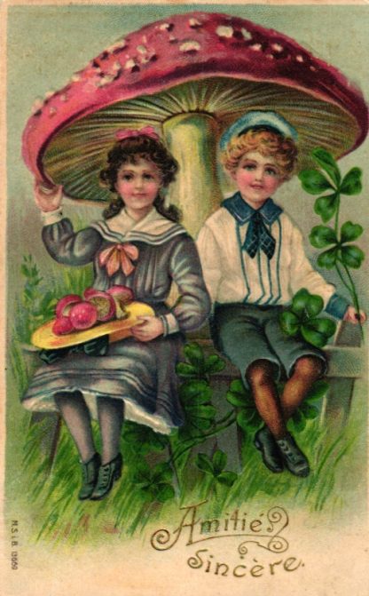 Kinder mit großem Fliegenpilz, Prägekarte, 1907