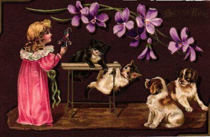 Katzen, Mädchen mit Kasperfigur, Prägekarte, 1908