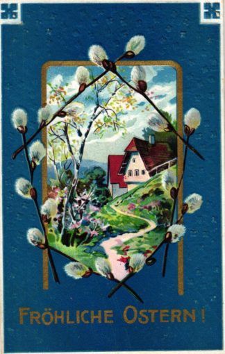 Ostern, Landschaft, Palmkätzchen, Prägekarte, 1908