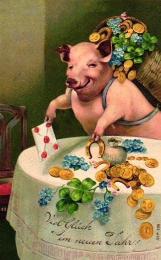 Neujahr, Schwein, Korb mit Münzen, Prägekarte, um 1905/10