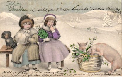 Weihnachten, Kinder, Korb mit Schweinen, Dackel, 1912