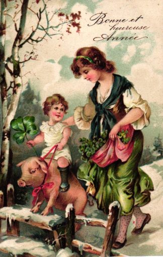 Neujahr, Mutter mit Kind, Schwein, Prägekarte, um 1910