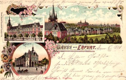 Erfurt, Farb-Litho mit Post, Rathaus und Gesamtansicht, 1898