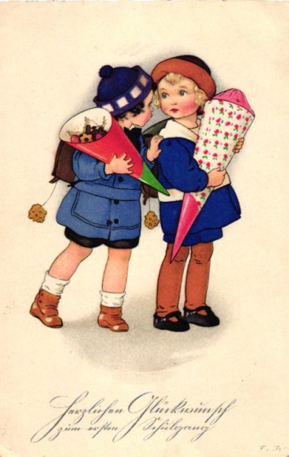Erster Schultag, Kinder mit Schultüte, sign. Baumgarten, um 1910/20