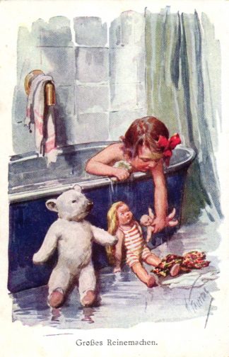 Mädchen in der Badewanne, Teddy und Puppen, sign. Feiertag