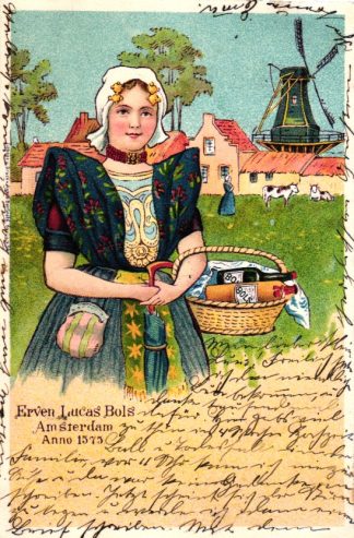 Likörfabrik Erven Lucas Bols, Dame in Trachtenkleidung, Korb mit Bols Likör, Farb-Litho, 1905