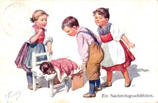 Kinder, schlafender Dackel, sign. Feiertag, um 1910