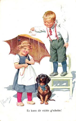 Kinder, Mädchen mit Schirm, Dackel, sign. Feiertag, um 1910