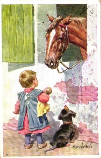 Pferd, Mädchen mit Puppe, Dackel, sign. Feiertag, um 1915