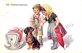 Kinder, Wiege, Dackel, sign. Feiertag, 1912