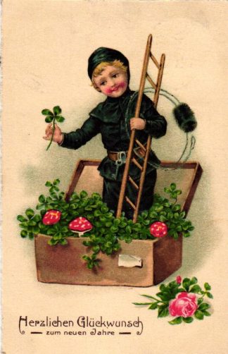 Neujahr, Schornsteinfeger mit Glücksklee und Fliegenpilzen, 1937
