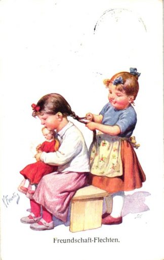 Mädchen flechtet Haare, Puppe, sign. Feiertag, um 1910