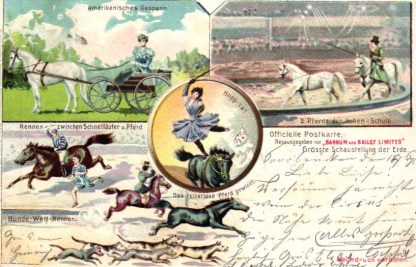 Zirkus Barnum und Bailey, Pferde, Reiter, Hunde, Farb-Litho, 1900