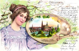 Dresden, Dame mit Malerpalette, Farb-Litho, 1900