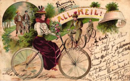Fahrrad, Rad fahrende Dame, Farb-Litho, 1901 in Alsfeld versandt