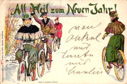 Fahrrad, Radfahrer, Farb-Litho "All Heil zum Neuen Jahr", 1899