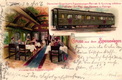 Eisenbahn, "Gruss aus dem Speisewagen", Farb-Litho, 1906