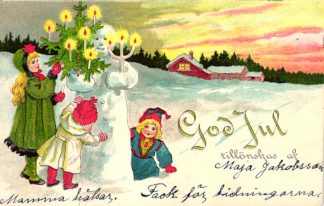 Weihnachten, Kinder bauen einen Schneemann mit Christbaum, 1906