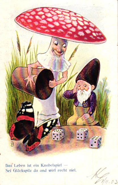 Pilz, Fliegenpilz mit Zwerg, Schmetterling, Würfelbecher, 1903
