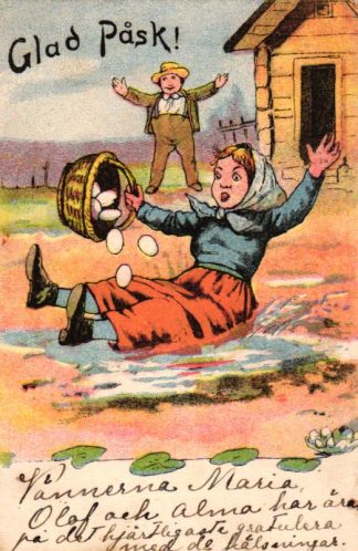 Ostern, Mädchen verschüttet Eier, schwedische AK, um 1900/05