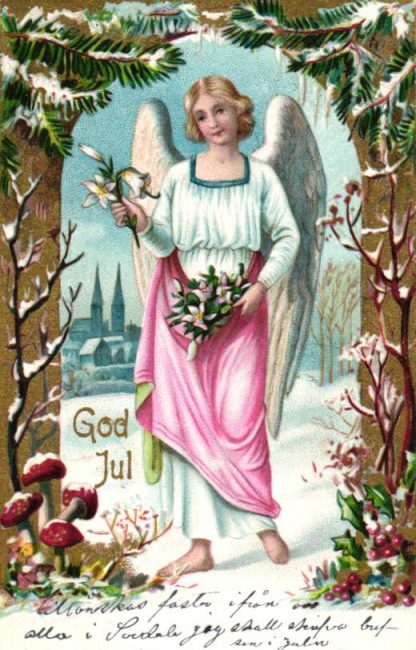 Weihnachten, Engel, Fliegenpilze, schwedische Prägekarte, 1905