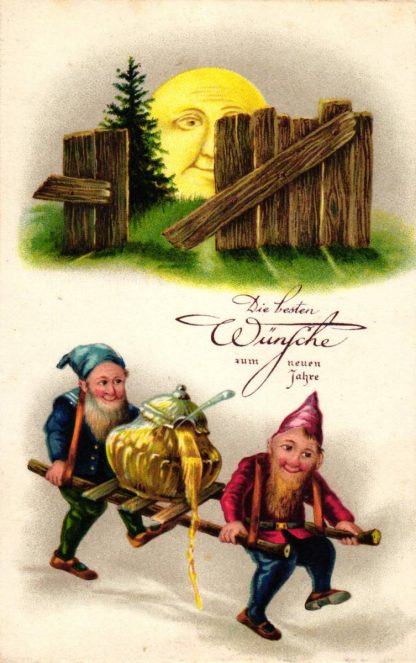 Neujahr, Zwerge tragen ein Bowle-Gefäß, um 1910/20