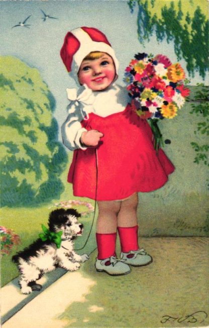 Mädchen mit Blumenstrauss und Hund, sign. Fritz Baumgarten