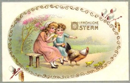 Ostern, Kinder mit Huhn und Küken, um 1910