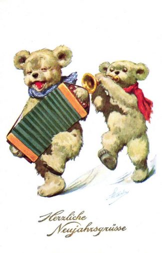 Neujahr, Teddy, musizierende Teddybären, um 1910, Verlag BKW Nr. 81-1
