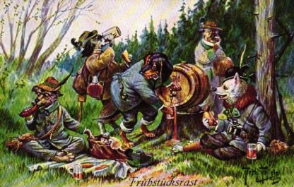 Hunde, Dackel, "Frühstücksrast", sign. Arthur Thiele