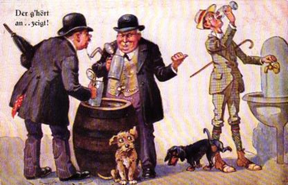 Männer mit Bierkrug, Wasser trinkender Mann, Dackel, um 1920/30