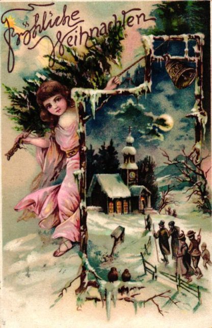 Weihnachten, Christkind mit Baum, Kirche, Winterlandschaft, 1905