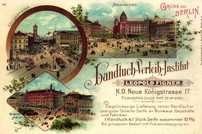 Berlin, Farb-Litho, Werbung "Handtuch-Verleih-Institut Leopold Figner", um 1900/05
