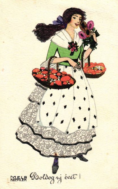 Neujahr, Dame mit Fliegenpilzen, ungarische AK, sign. Mela Köhler, 1917