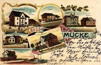 Mücke im Vogelsberg, Farb-Litho mit Gasthof "Schumann" und Reitz sowie Baist, 1904