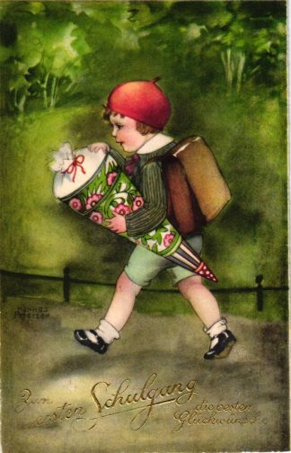 Schulanfang, Kind mit Schultüte, sign. Hannes Petersen, um 1930