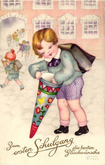 Schulanfang, Kind mit Schultüte, um 1930, sign. Hannes Petersen