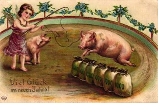 Neujahr, Schweine in der Manege, Engel, Prägekarte, 1908