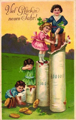 Neujahr, Kinder, Münzen, Prägekarte, 1912 in Breslau versandt