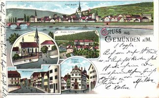 Gemünden am Main, Farb-Litho, 1900 von Rieneck nach Hohebach versandt