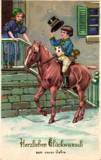 Neujahr, Kind als reitender Postillion, 1913 in München versandt