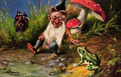 Zwerg mit Frosch, Schmetterling und Fliegenpilz, sign. Schönian, um 1910