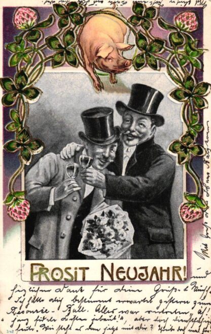 Neujahr, Männer mit Weinglas, Glücksschwein, 1903